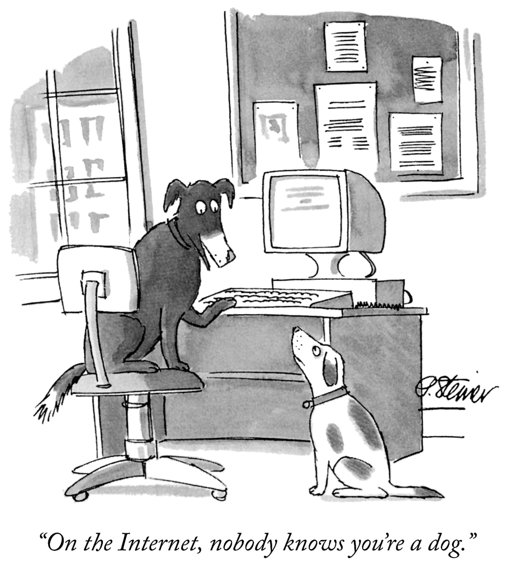 Un chien installé devant un ordinateur s’adresse à un autre chien.