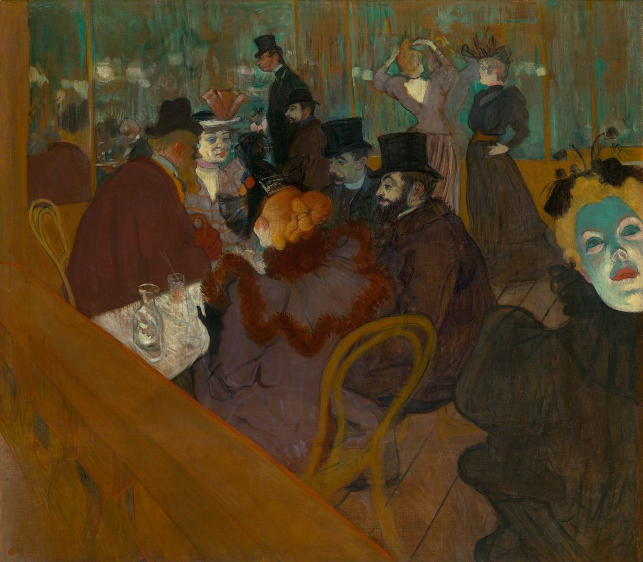 Peinture représentant un groupe d’hommes et de femmes discutant à une table du Moulin-Rouge.