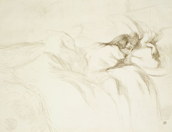 Lithographie représentant une femme se réveillant dans un lit.